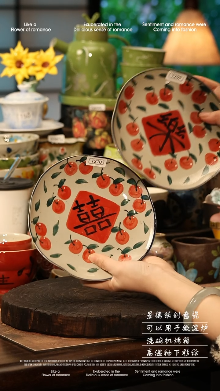 陶瓷一对景德镇高温釉下彩手工手绘款