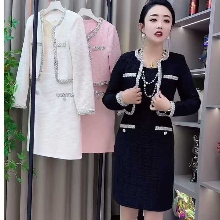 2025新款黑色小香风吊带连衣裙包臀短裙女秋季短款外套上衣两件套