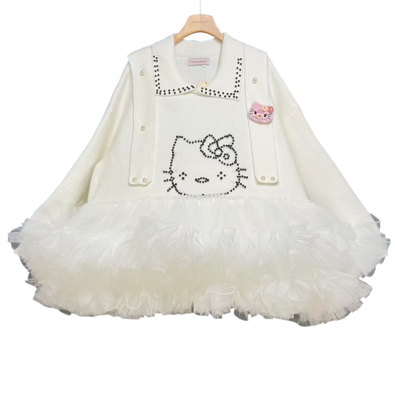 5465秋冬新品重工helloKitty甜美毛衣裙白色蓬蓬裙减龄可爱公主裙
