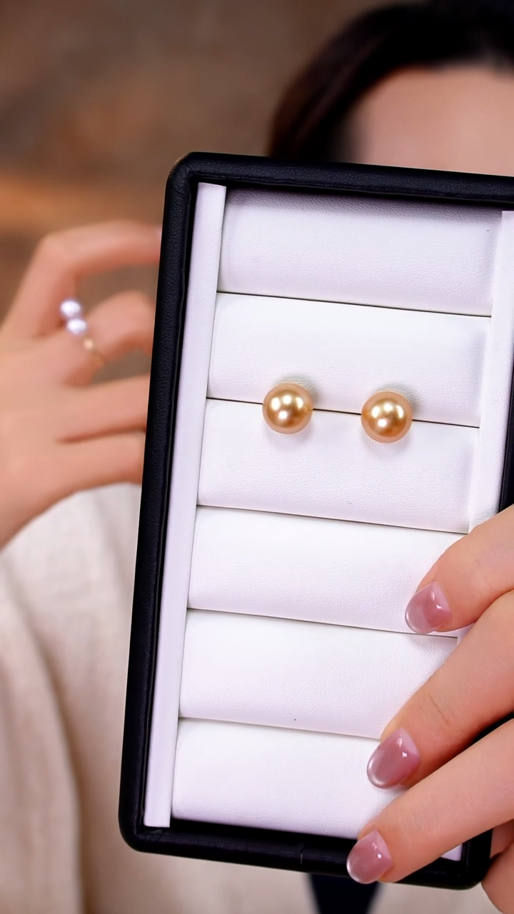 银S925镶嵌耳钉海水珍珠金珠10-11mm