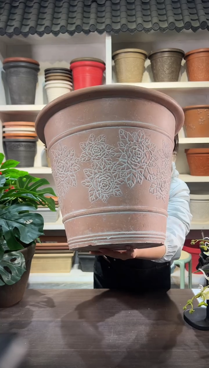 38*31/MD38浅粉刷白浮雕大花盆外贸尾单