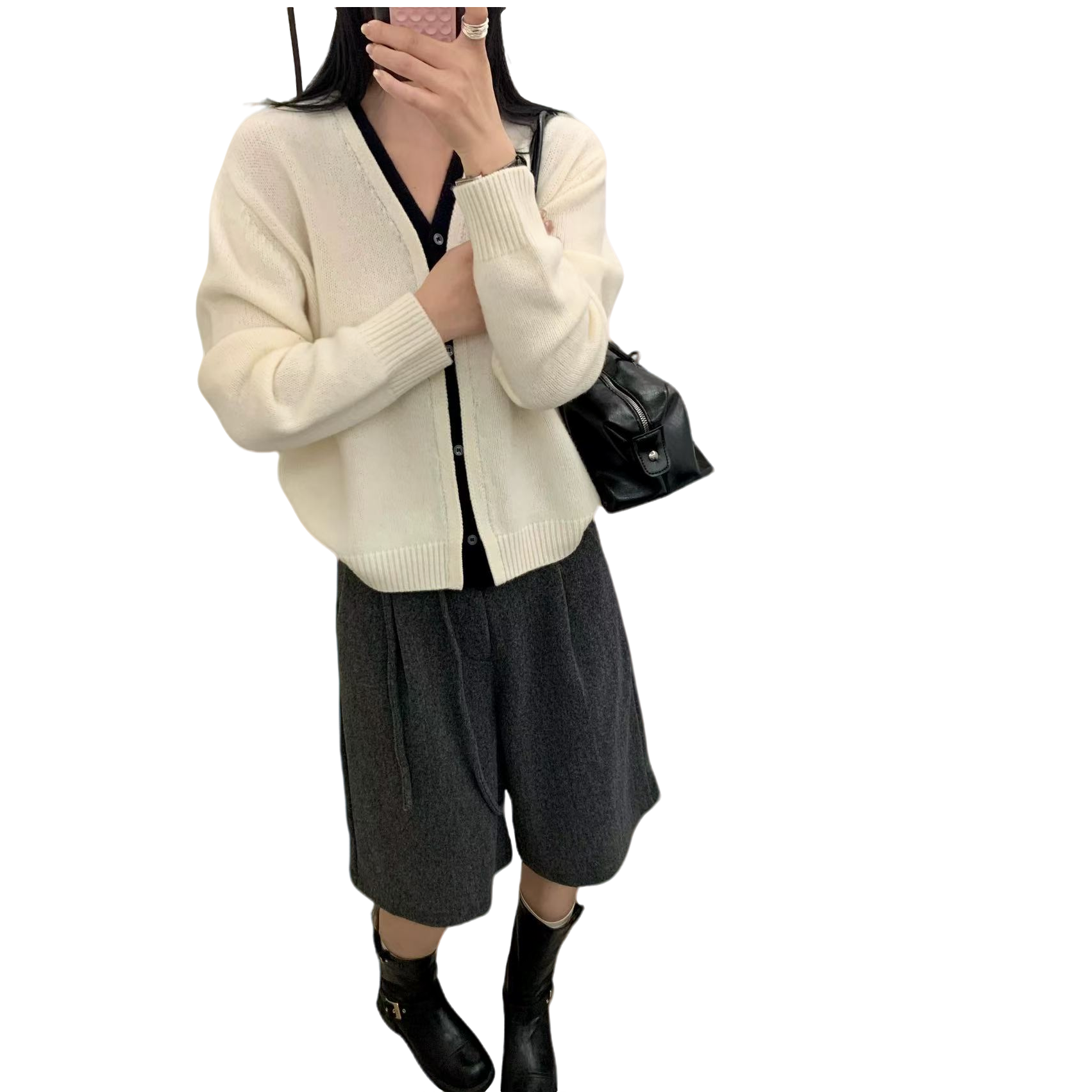 2025秋季新款时尚百搭V领长袖100羊毛针织开衫女宽松毛衣