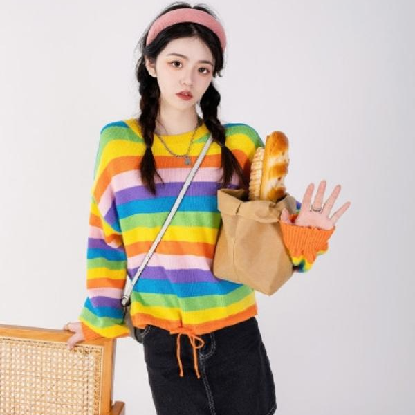 A497彩虹流苏毛衣上衣宽松百搭圆领RC0712YL109
