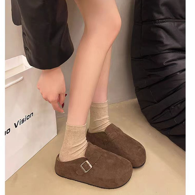 2025包头牛皮厚底懒人简约外穿鞋一脚蹬半拖女勃肯拖鞋2689