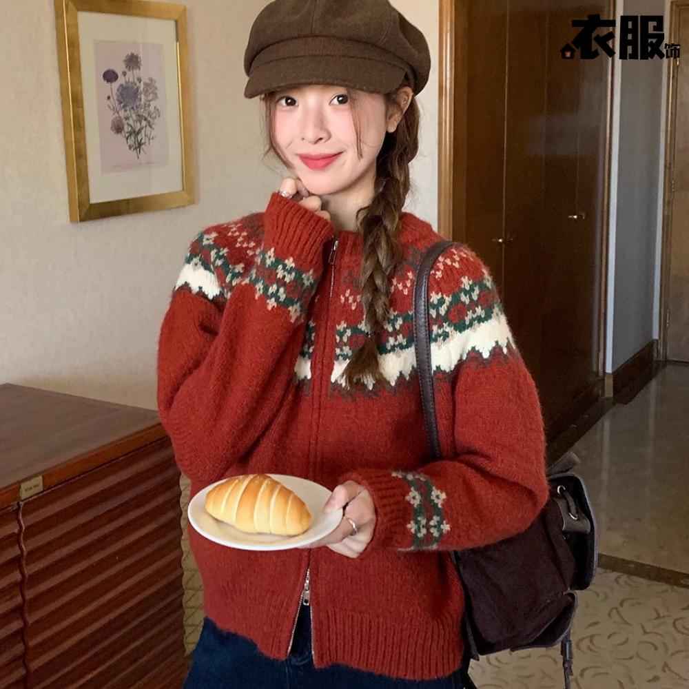 圣诞穿搭费尔岛提花红色毛衣外套女冬季韩系宽松显瘦拉链针织开衫