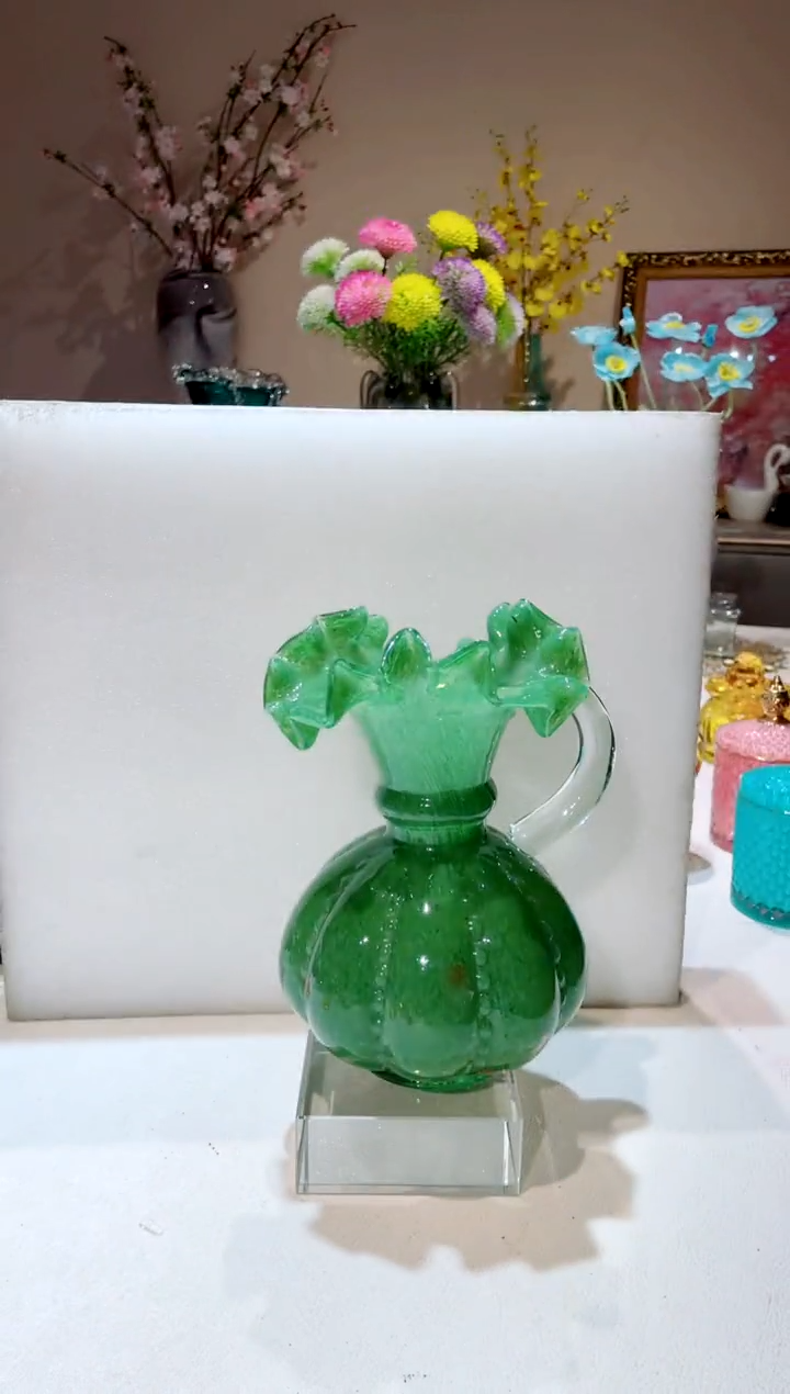 【闪购商品】琉璃手工艺品绿色撒金把手芬顿花瓶  微瑕