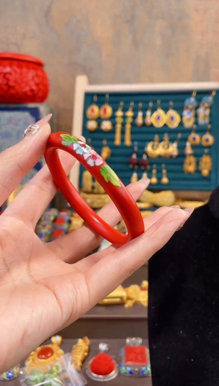 【闪购商品】非遗素漆红色景泰蓝花镯子60