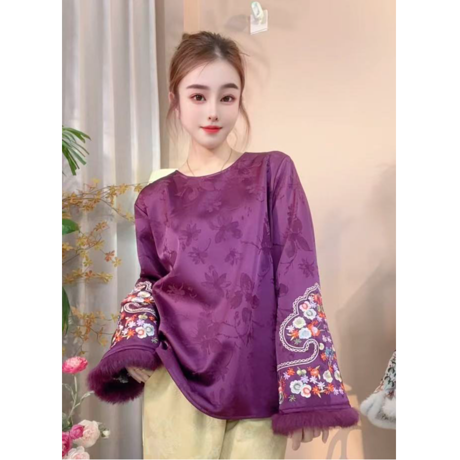 [玉如意]刺绣拼接袖兔毛加绒常规圆领复古重工刺绣加厚款上衣冬季