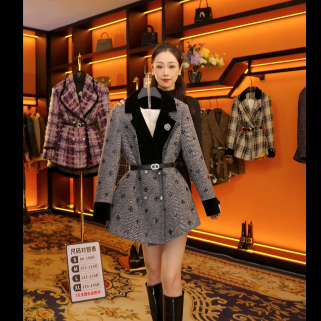 【丹】设计师气质小香风格子冬季时尚女士收腰羽绒服中长款  Y905