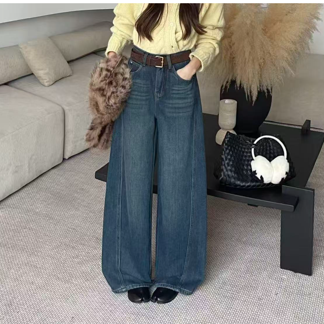 7101号0302#秋冬韩系加绒显瘦宽松牛仔裤（配腰带）（预）