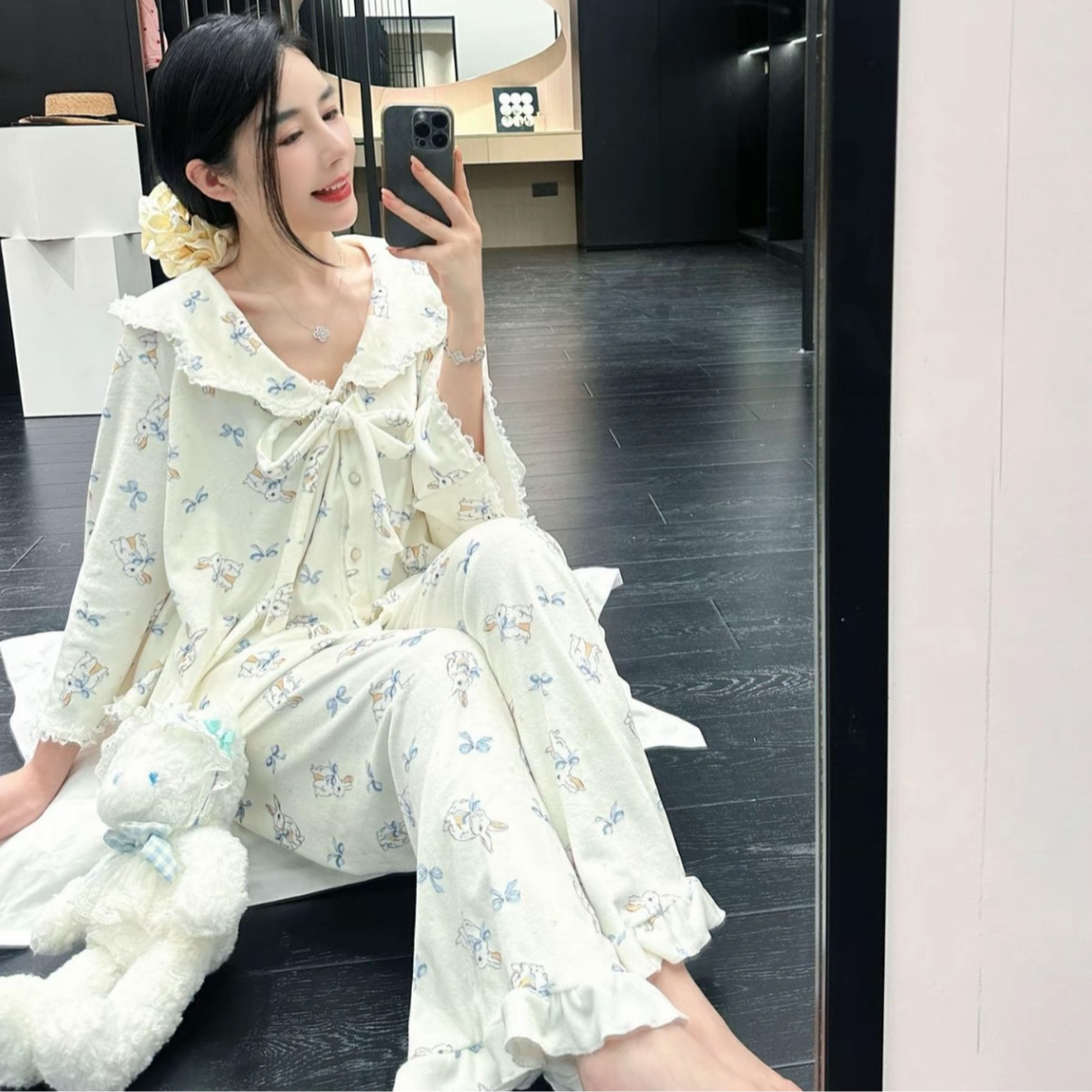 SIEOYJIEA/私迹大榕家viki【满印兔子】女款气质长袖家居服套装