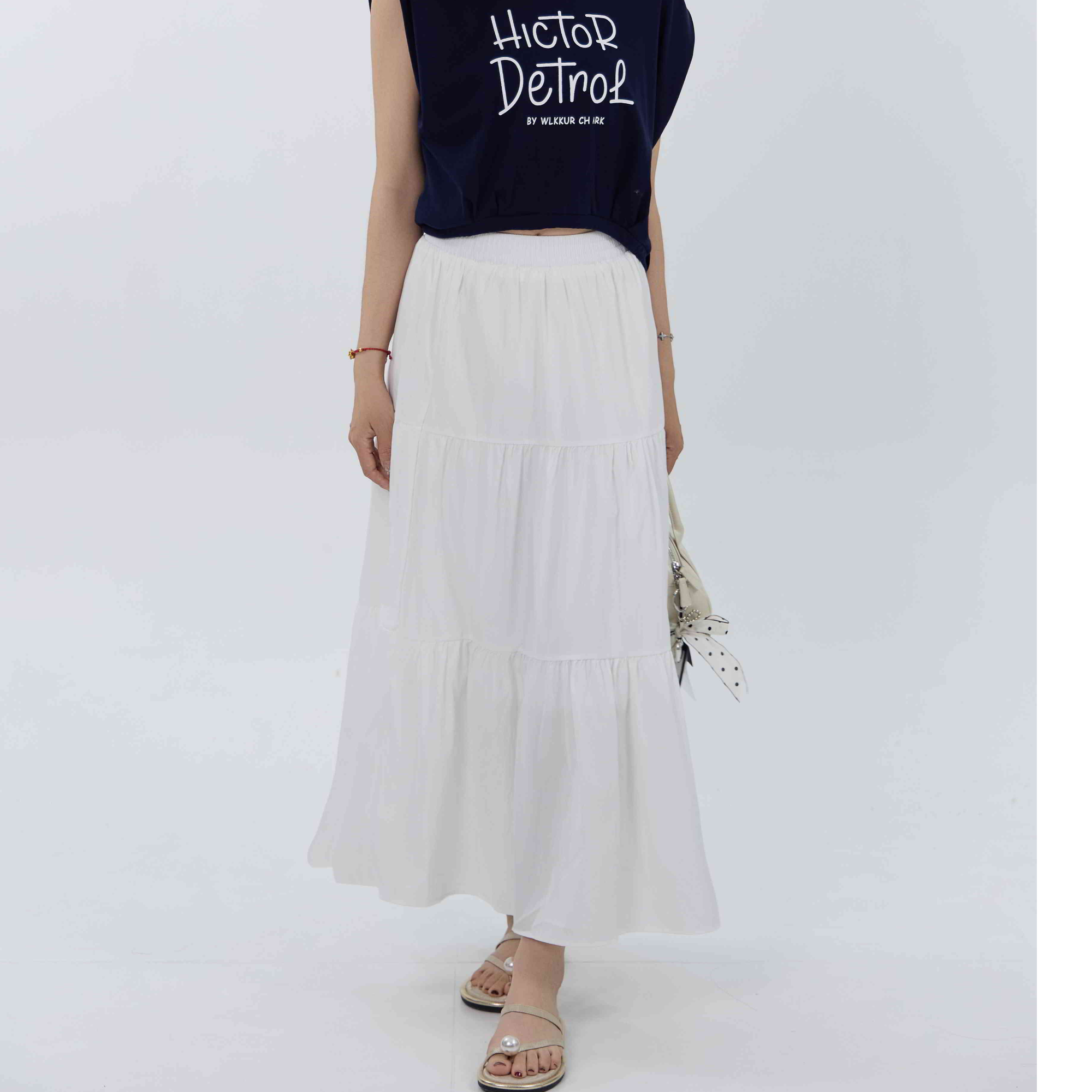 拼接高腰不起球长裙中长裙半身裙A字ol女装白色半裙