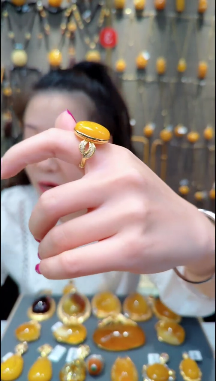 蜜蜡银S925镀金镶嵌戒指﹣B992蜜蜡戒指