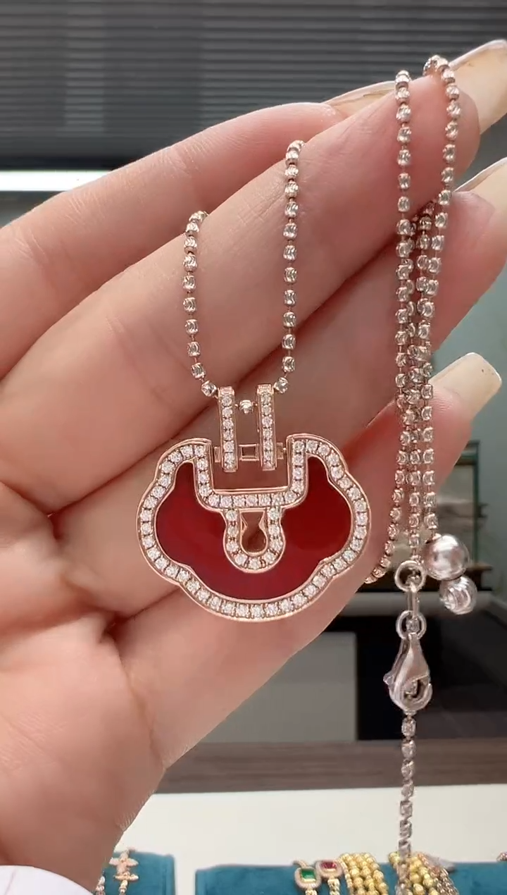 【闪购商品】钻石颈饰18K金镶嵌满钻如意吊坠+双色链