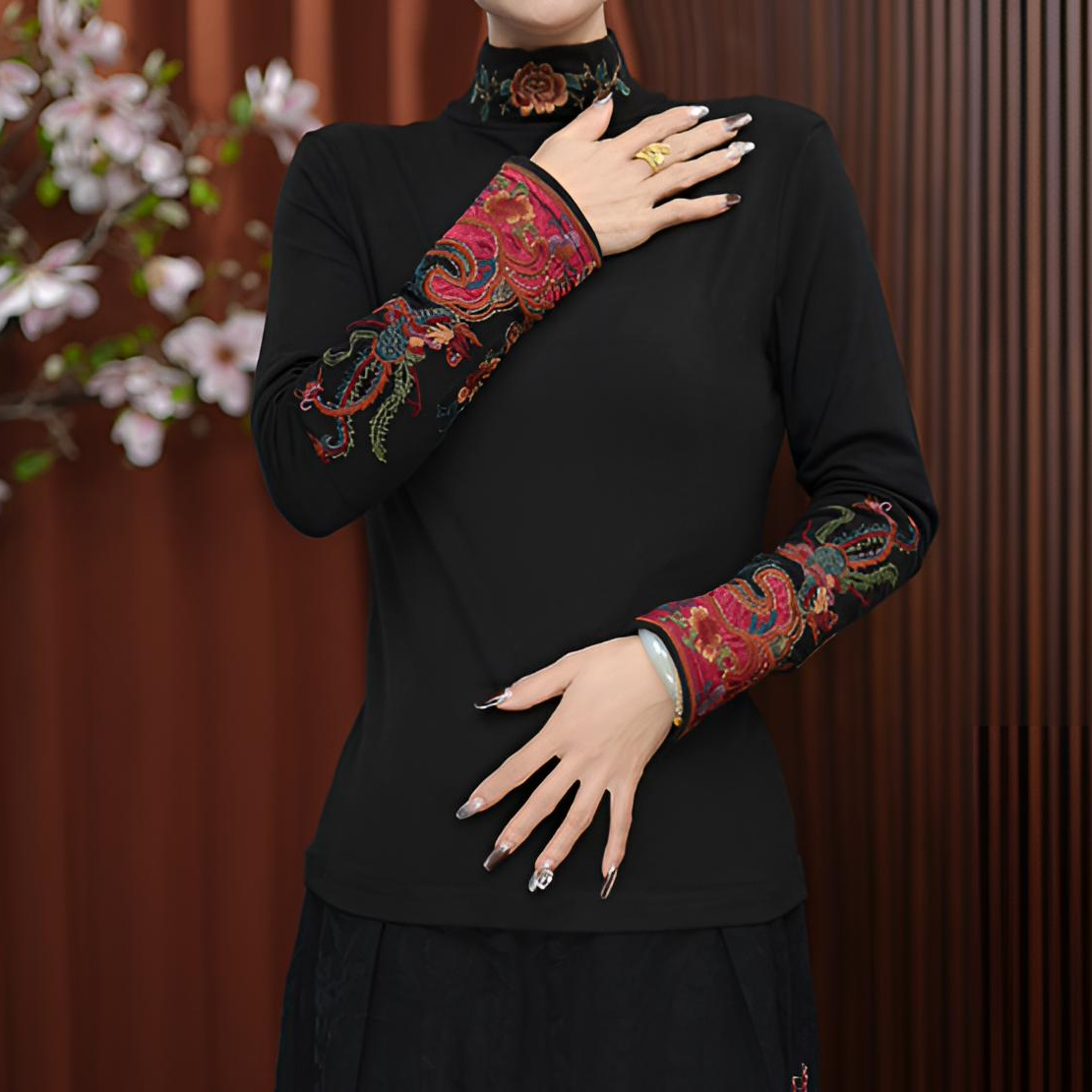 （彩凤）加绒加厚2025新中式国风秋冬针织打底宽松款绣花半高领