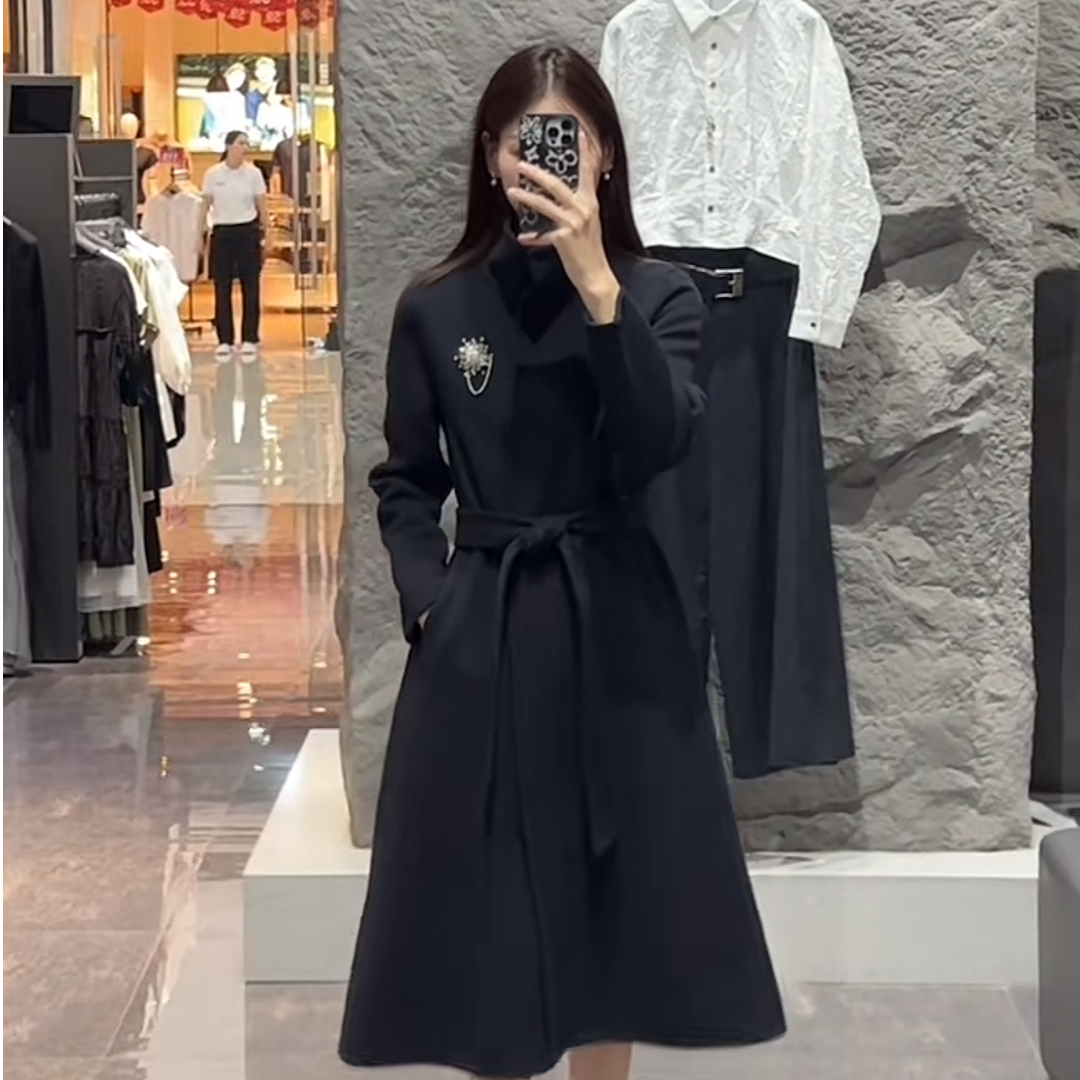 sdeer圣迪奥秋冬时尚气质女装立领收腰中长款毛呢大衣S20481801