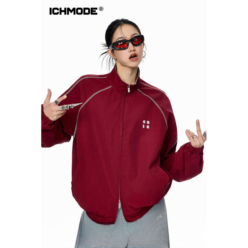 ICH MODE 美式格子拼接红色外套女秋季新款宽松拉链夹克运动上衣