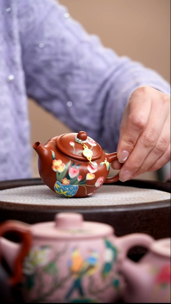 茶壶紫砂朱泥小南瓜泥绘蓝瓶花