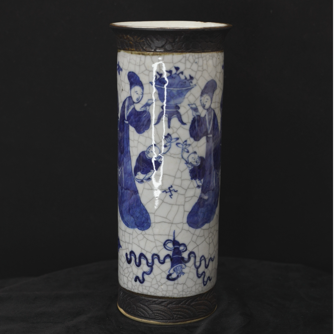 乙1875 清中期哥釉青花人物箭筒 全品 瓷器真品 真品收藏