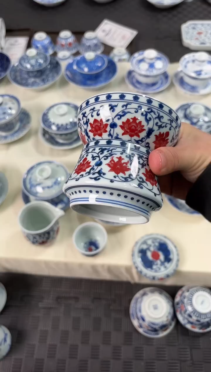 盖碗瓷景德镇陶瓷茶具元青花釉里红缠枝莲茶漏