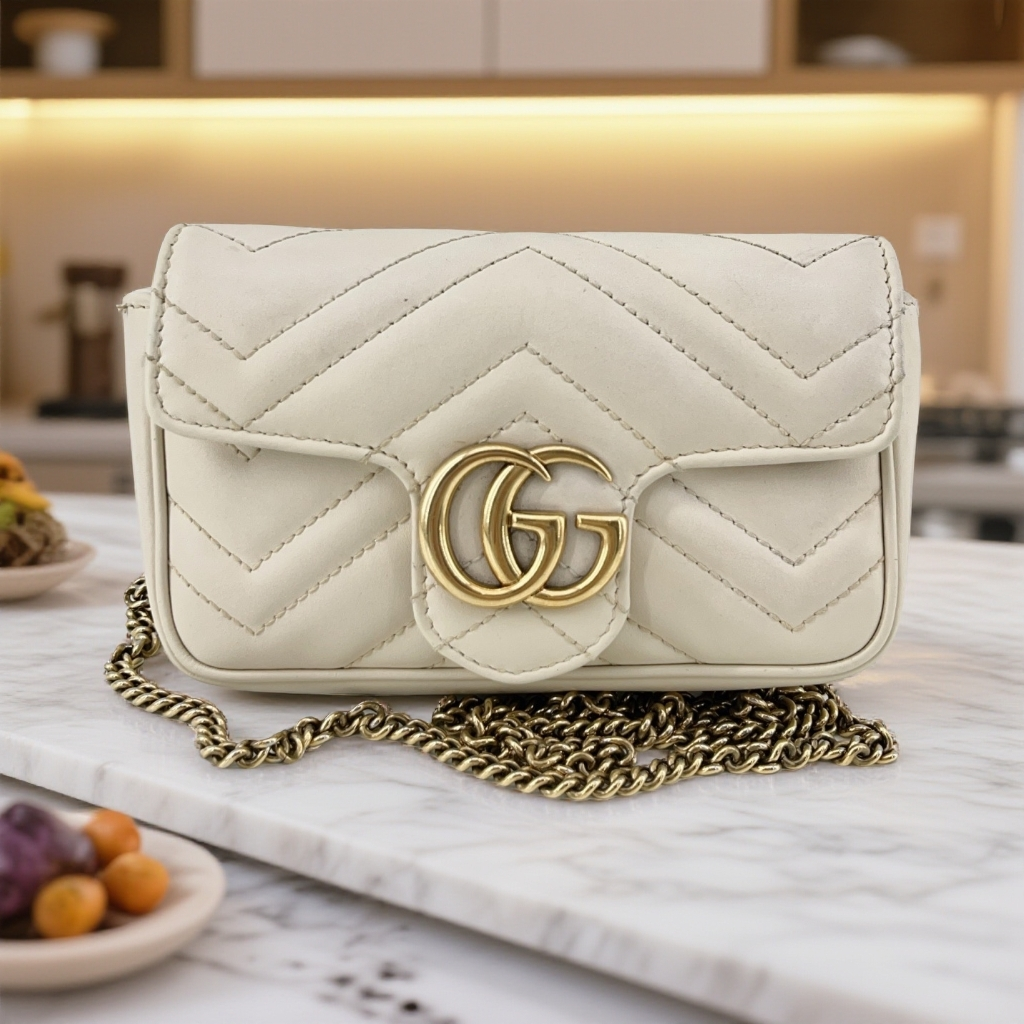 95新 GUCCI/古驰 白色迷你马蒙链条包 1664 0024