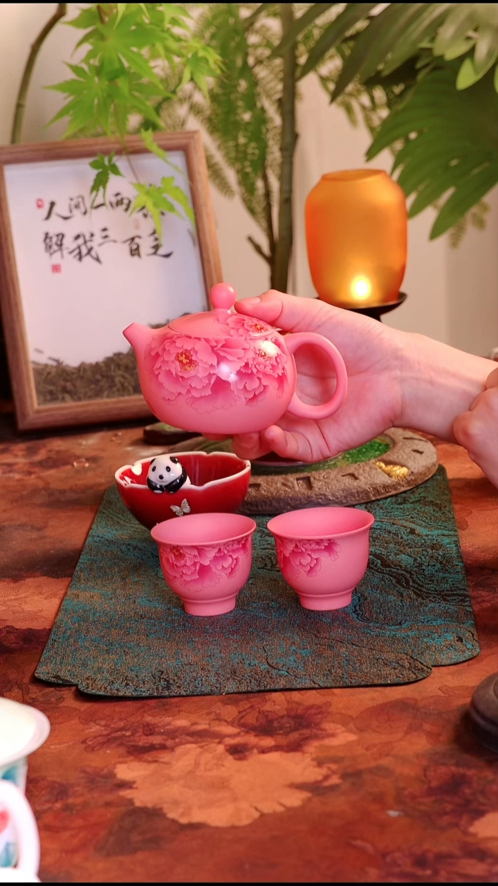 粉紫砂手绘牡丹花·一壶两杯