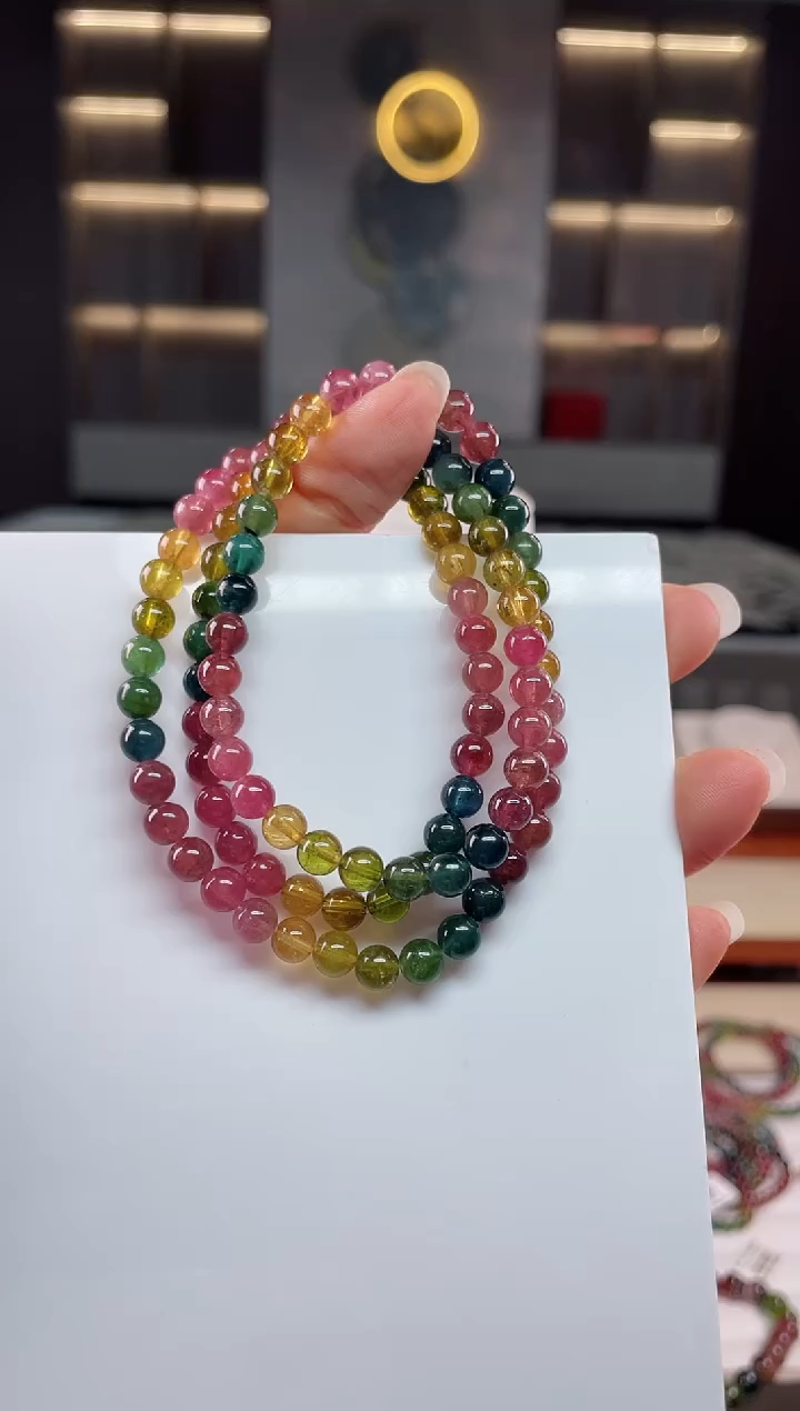 未镶嵌老矿碧玺彩虹三圈手串5mm+碧玺（多样性发一条）Q