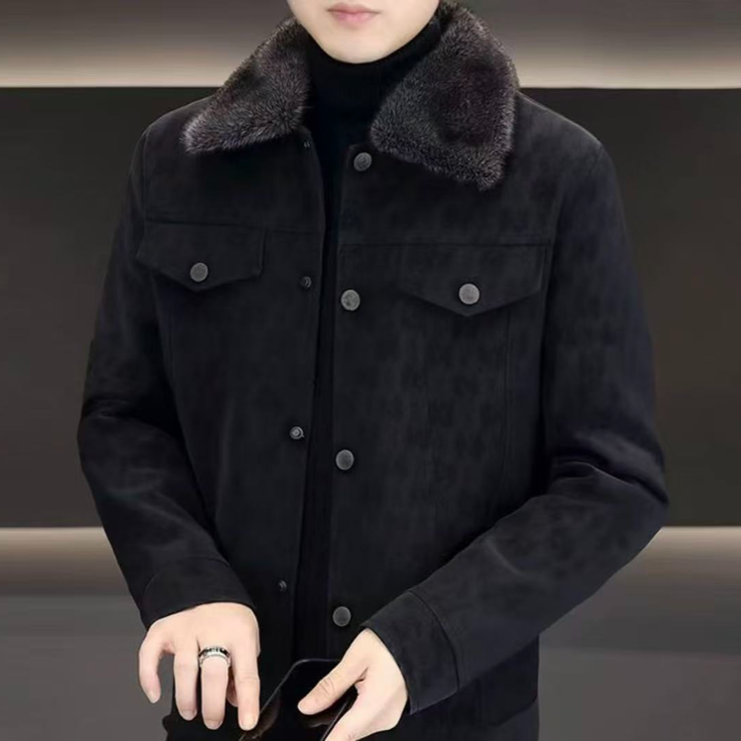 2025年新款男保暖直下摆秋季冬季翻领黑色短款时尚外套-A028