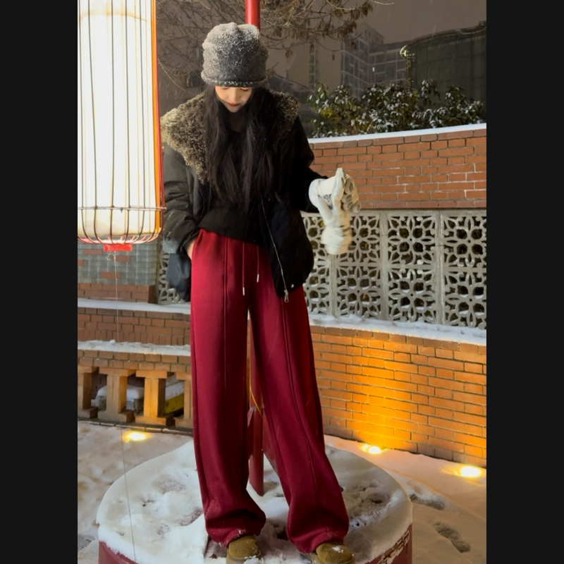 队队定制~【红色卫裤】加绒冬季休闲百搭小弯刀裤时尚拖地卫裤