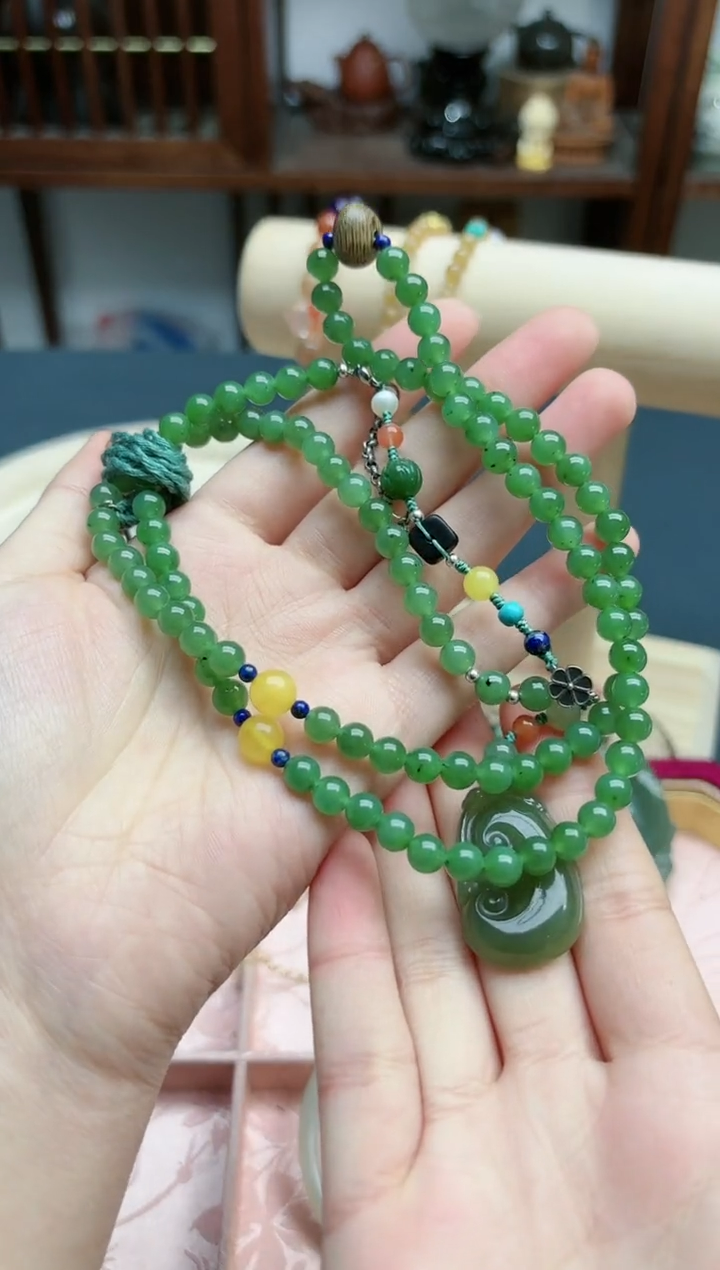 【闪购商品】和田玉项链银S925镶嵌和田玉6mm多宝项链*1 QC