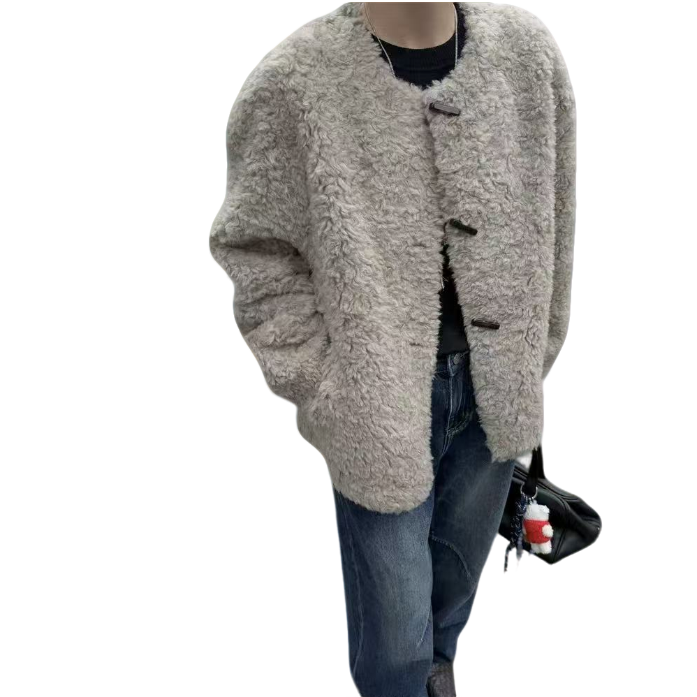 欧洲站2025冬季新款欧货韩系别致纽扣圆领外套女