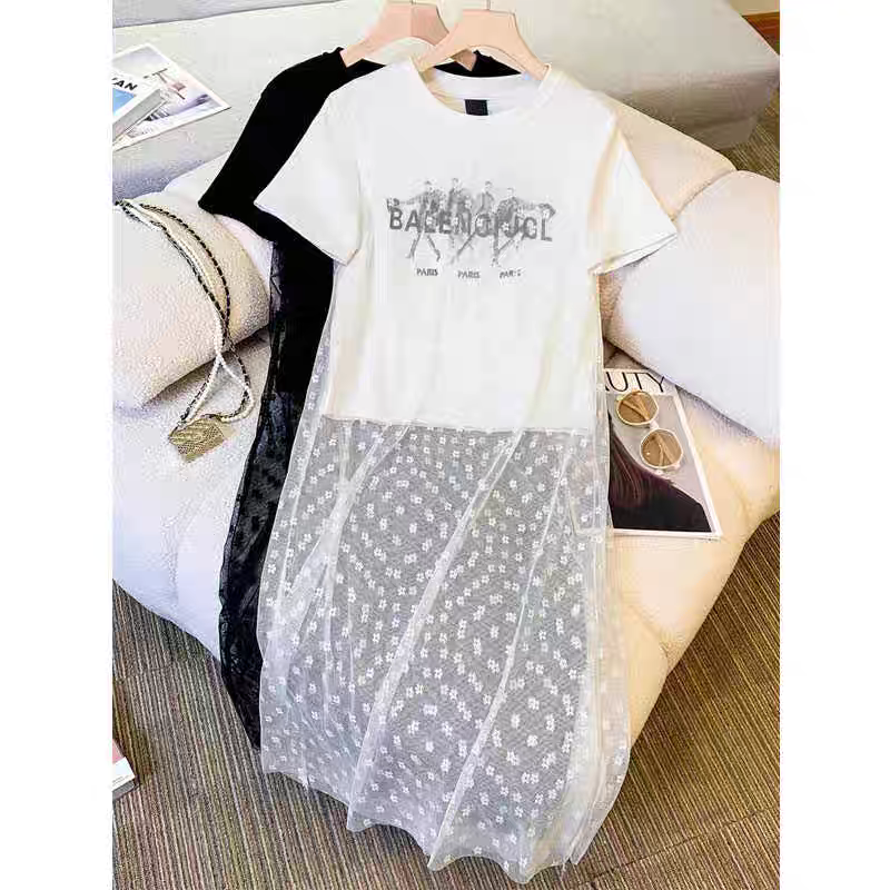 717#韩系气质假两件T恤裙女印花拼接蕾丝上衣2025春装网纱短袖T恤