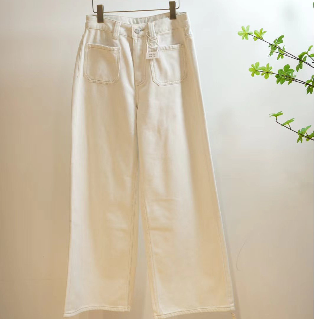 1-657-丁杏色个性贴布口袋秋冬加绒阔腿牛仔裤女