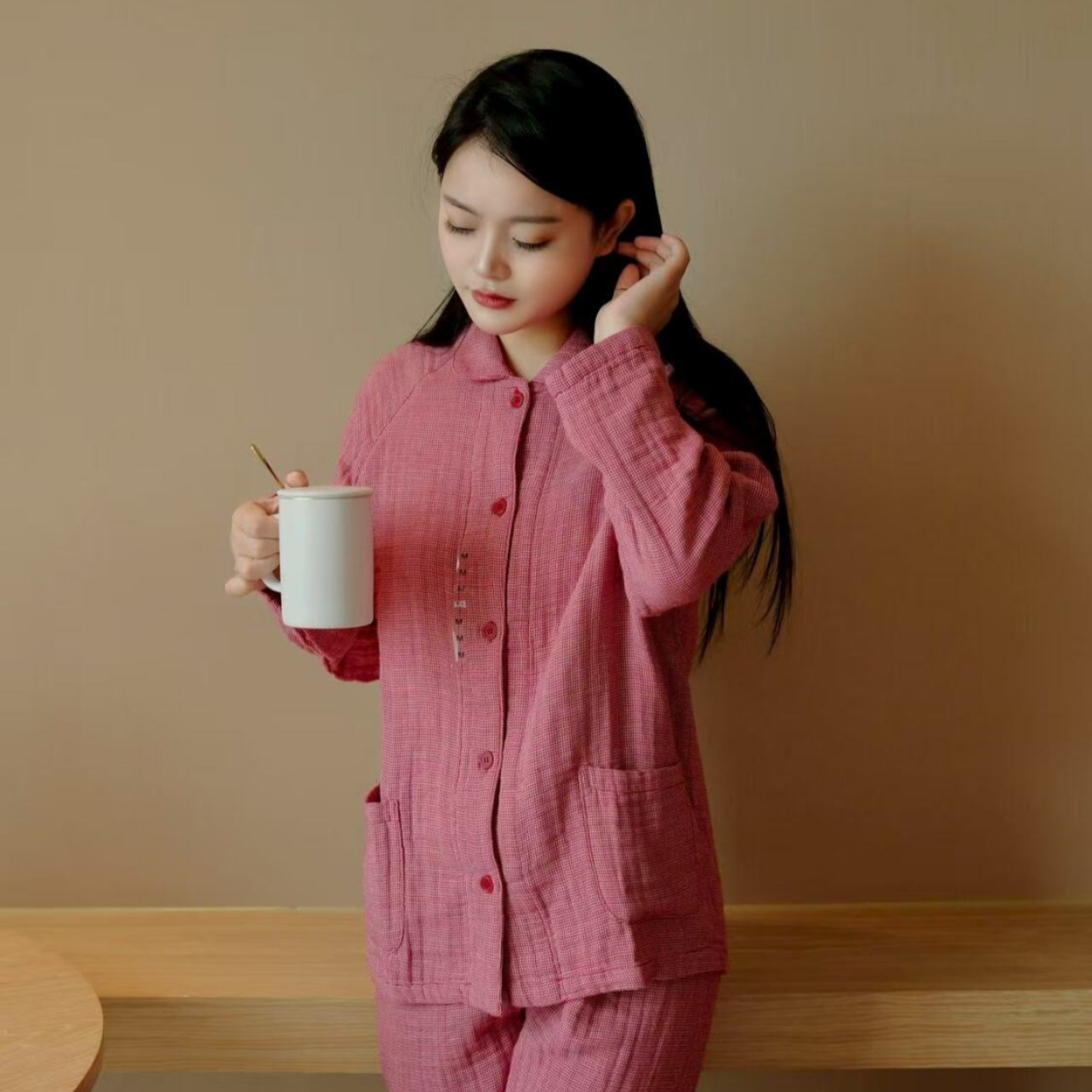 【無印四层纱】A类四层纱纯棉女士纯色睡衣透气四季款可外穿家居服