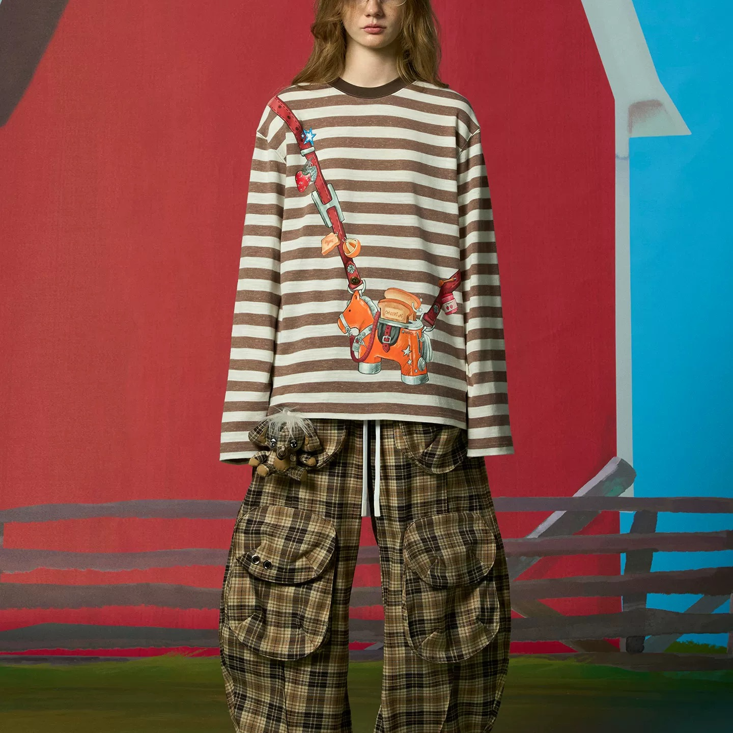 CHEERi UPi2026年春季新款马上胡卡通图案休闲条纹长袖T恤上衣