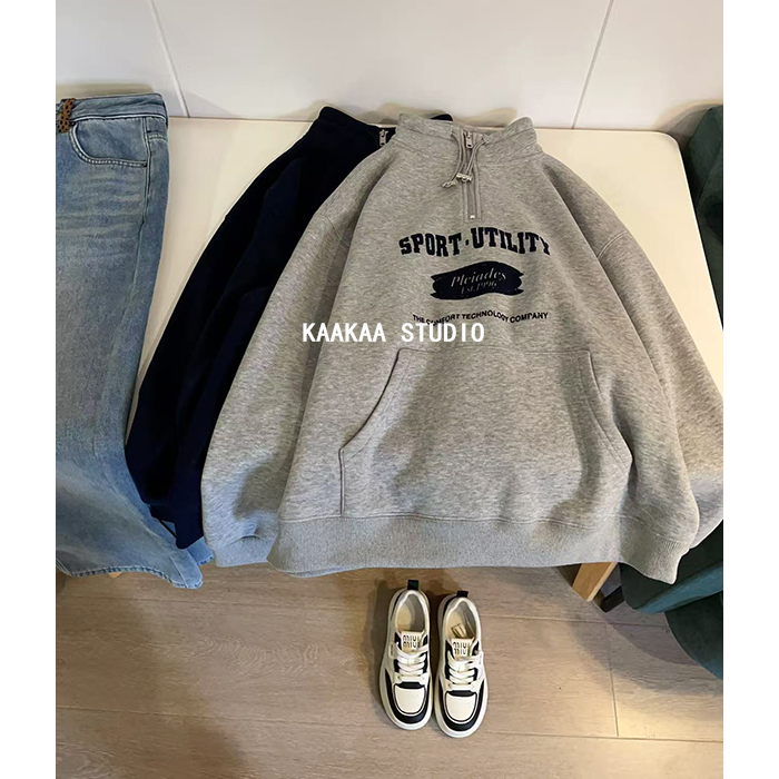 REKAYYAT“周末”冬季时尚洋气通勤百搭拉链半高领字母印花加绒卫衣