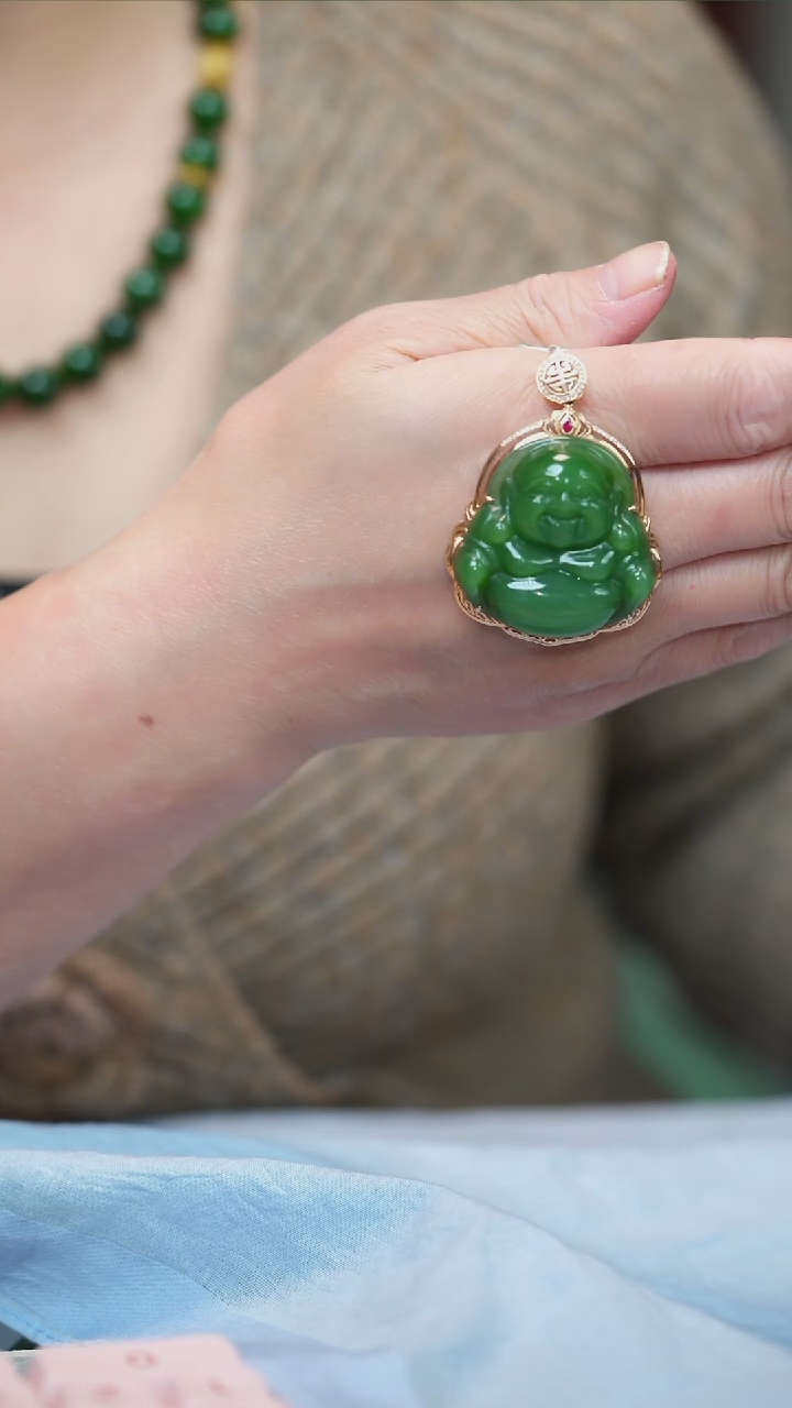 吊坠(赠链)18K金镶嵌和田玉（碧玉）优**然18K金镶嵌精品碧玉吊坠