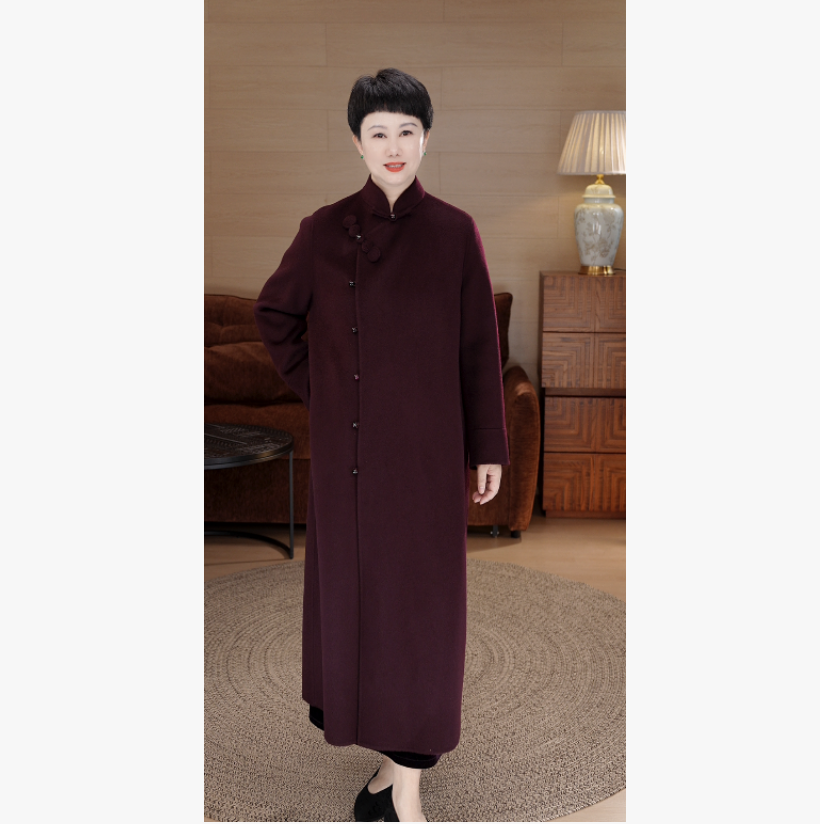 25年秋冬百分百双面绵羊毛新中式国风立领盘扣女大衣外套A39668