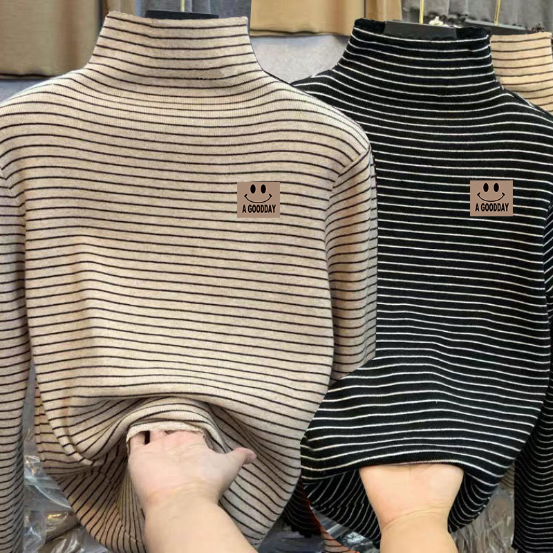 男女儿童打底衫衣内搭半高领条纹德绒秋冬装保暖宝宝上衣长袖t恤