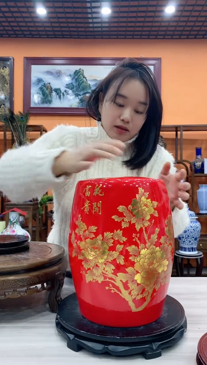 【闪购商品】瓶花开富贵红色米缸高度31cm宽度25cm