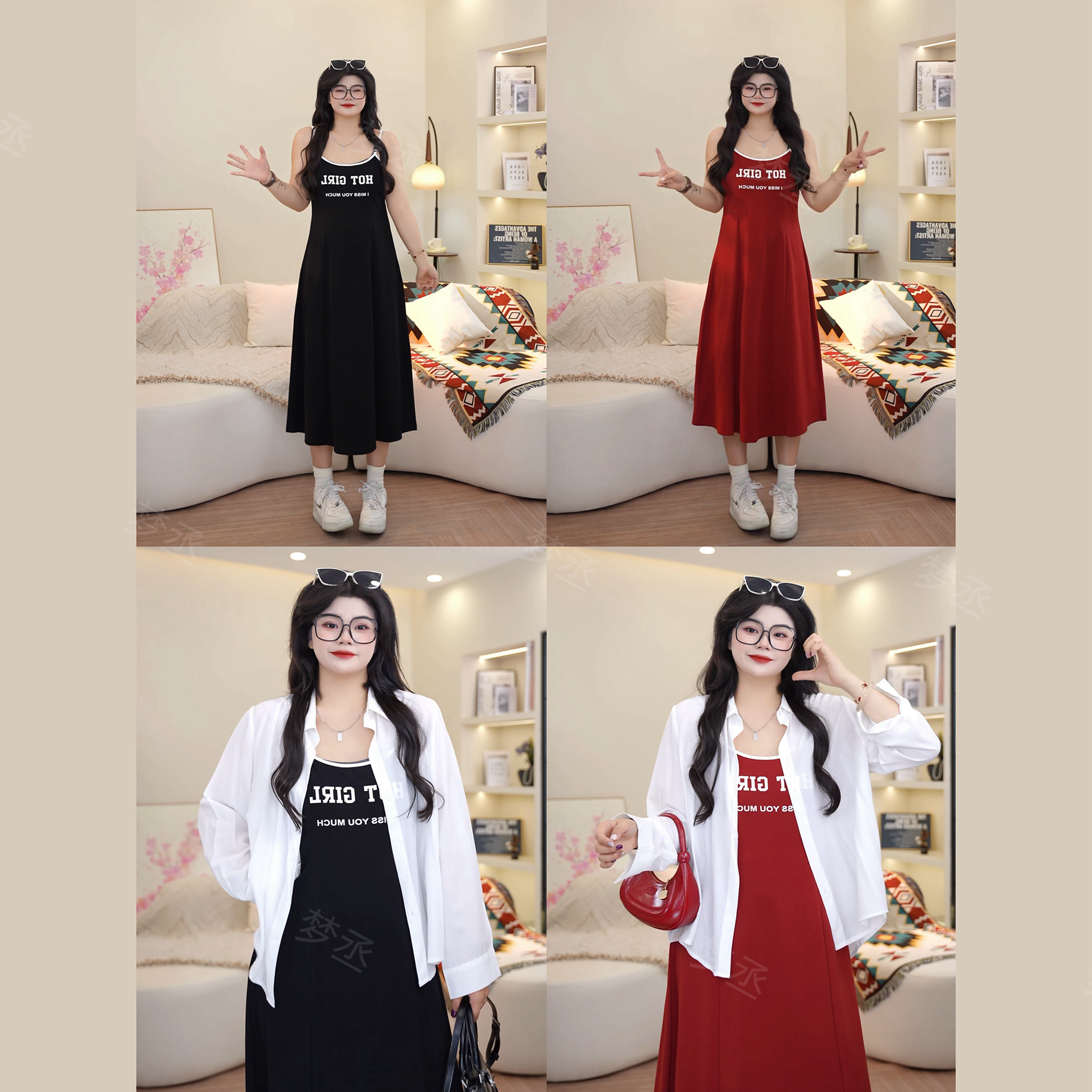 【一衣三穿】大码女装夏季休闲时尚显瘦POLO领衬衫+吊带连衣裙套装