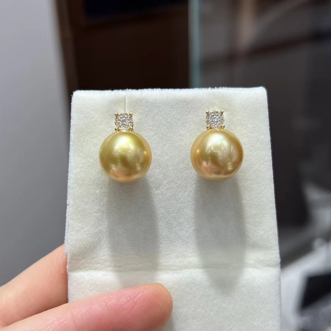 南洋金珠耳环浓金带钻耳环正圆极强光无暇经典