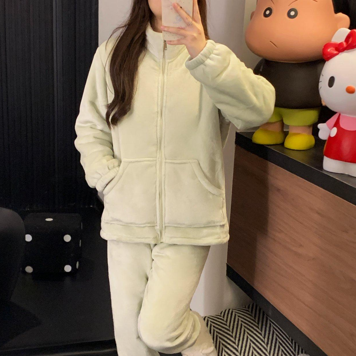 【1100g左右】女士秋冬加绒保暖睡衣套装休闲拉链款家居服可外穿LY