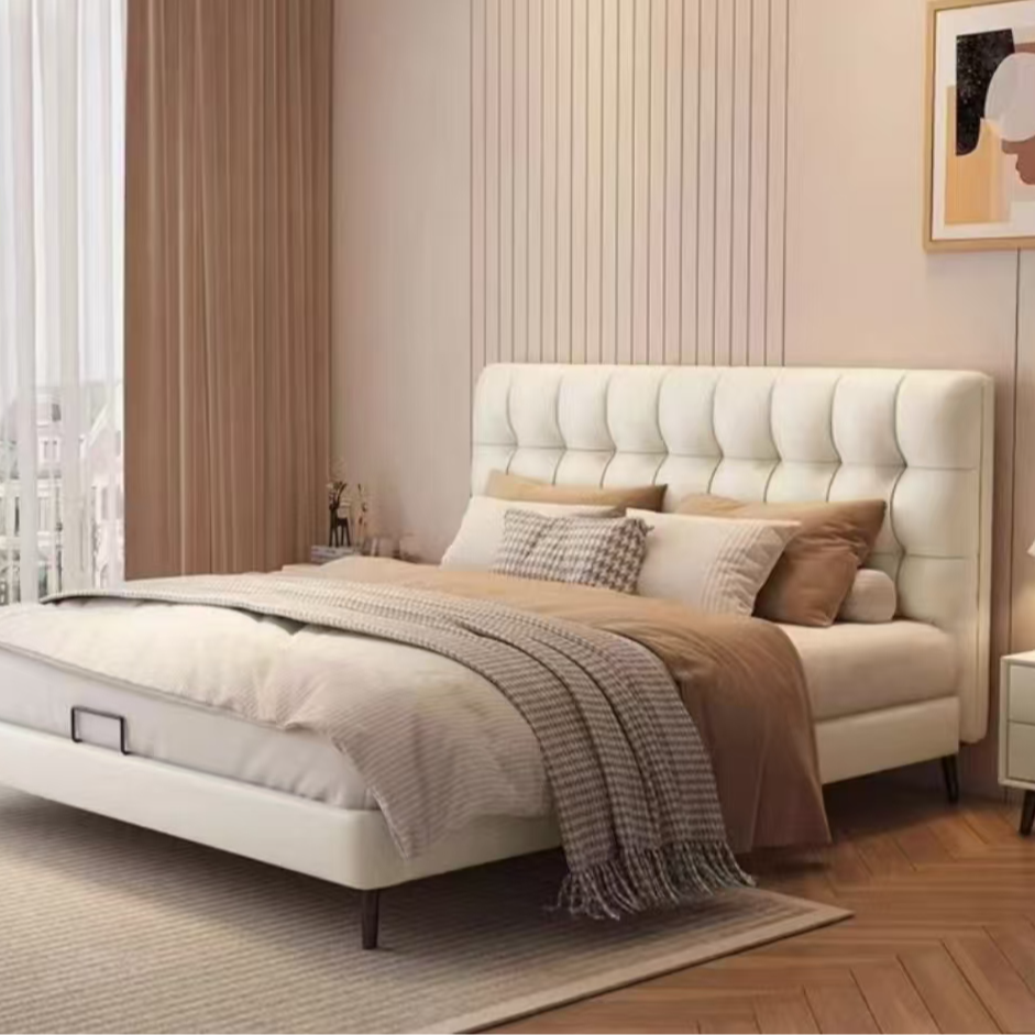 2025华夫格软包床头简约时尚靠背轻奢创意落地大床极简意式主卧室