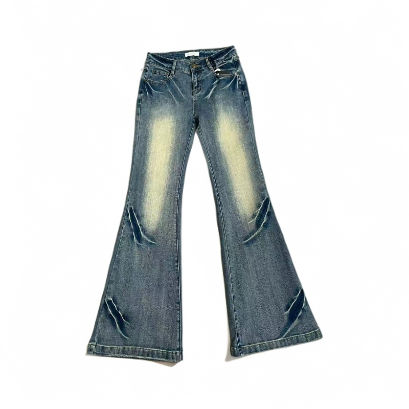 新款 微喇牛仔裤女美式复古不贴腿重工喇叭马蹄裤