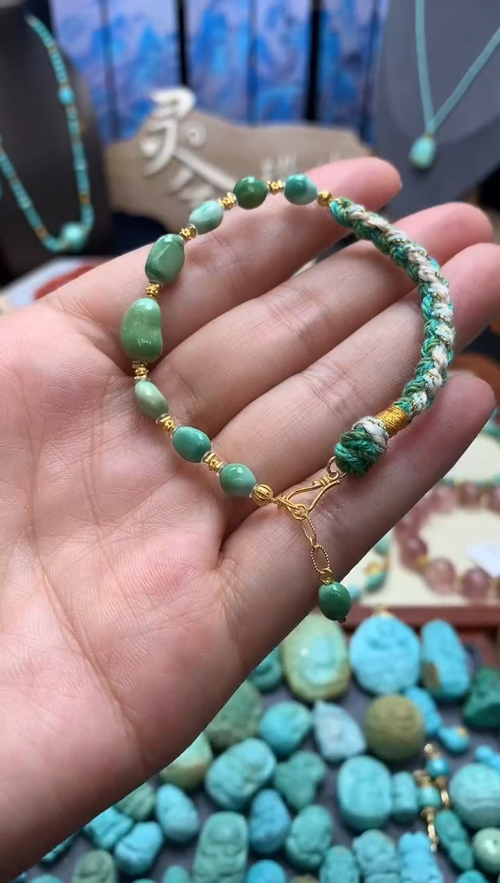 【闪购商品】绿松石手绳18K金镶嵌高瓷绿松石糖豆手绳