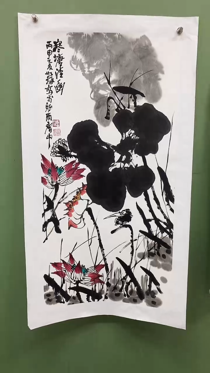 竖款精品三尺指墨荷花，寒塘