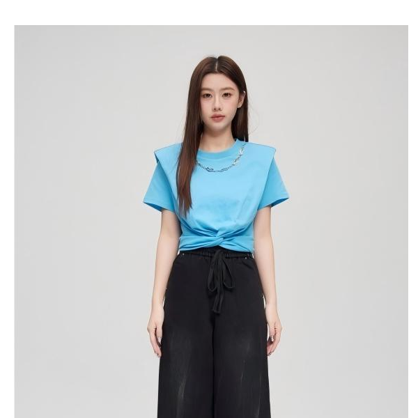 【ANY SPOOR】设计师轻奢时尚气质短袖蓝色针织套头衫83B804