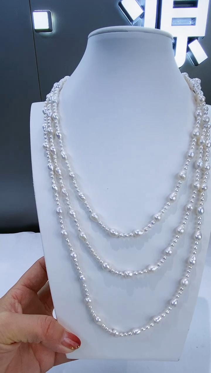 颈饰银S925镶嵌淡水珍珠Y淡水毛衣链3-7