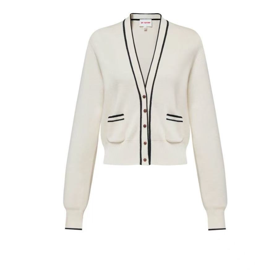 GXO春季条纹新款女装白色混纺V领撞色针织开衫女SY0072